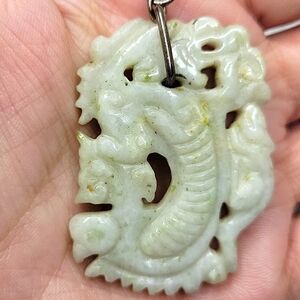 Vintage Chinese Carved Jade Dragon 1 7/8" x 1 1/4" Pendant Only, Sterling Bail
